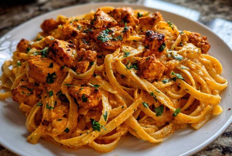 Close-up of a serving of Creamy Cajun Chicken Pasta with fettuccine noodles, topped with seasoned chicken pieces and fresh parsley.