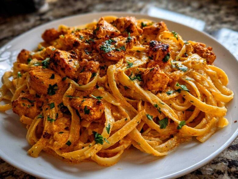 Close-up of a serving of Creamy Cajun Chicken Pasta with fettuccine noodles, topped with seasoned chicken pieces and fresh parsley.