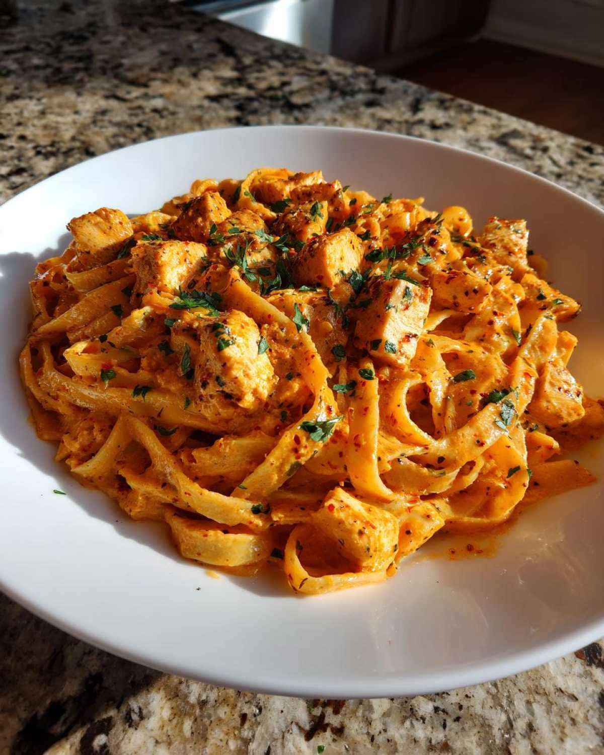 A white bowl filled with rich, orange-hued Creamy Cajun Chicken Pasta with Garlic Flavor, topped with chopped parsley.