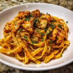 Close-up of fettuccine coated in a rich sauce, topped with seasoned chicken pieces, in a bowl of Creamy Cajun Chicken Pasta with Garlic Flavor.