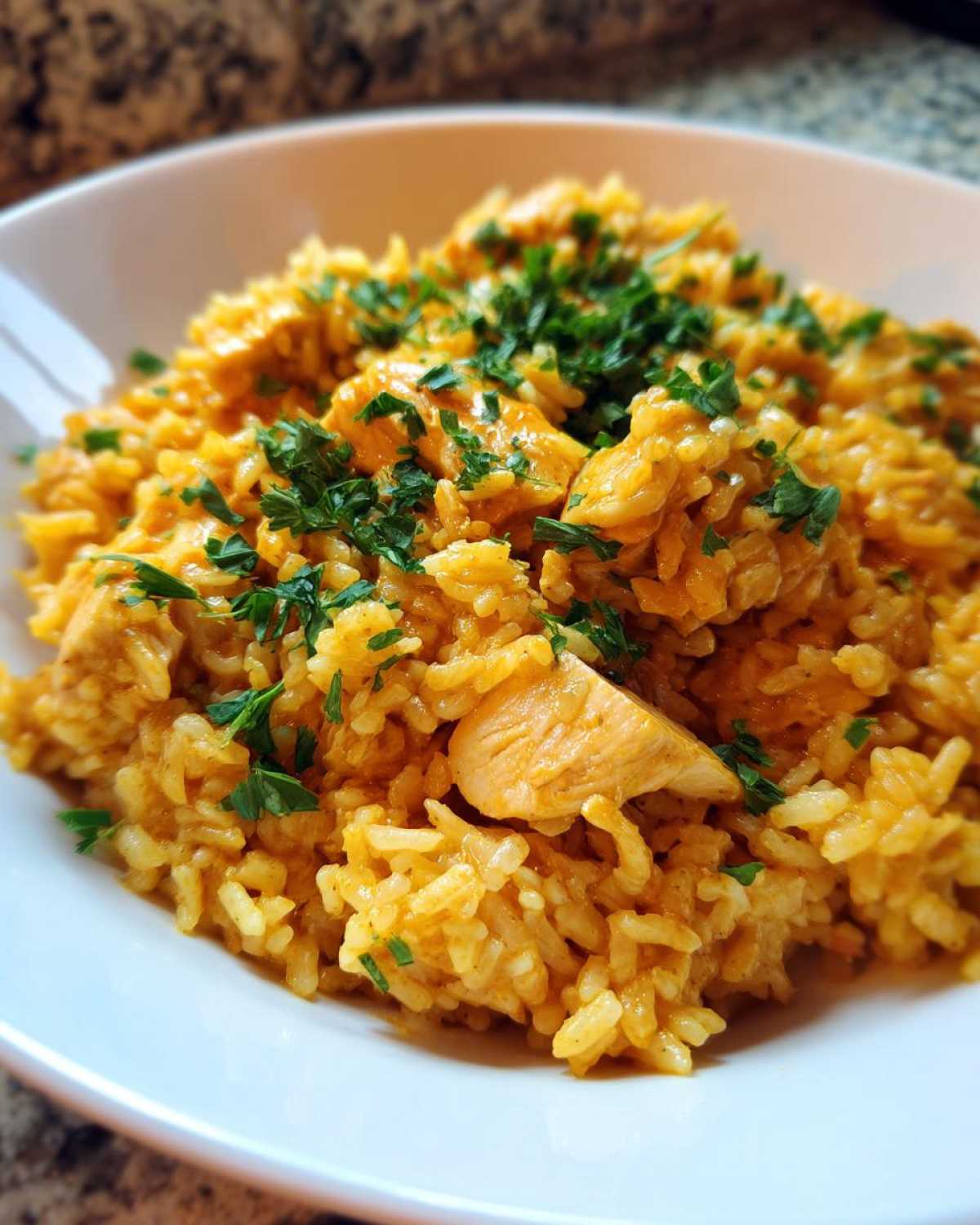 Close-up of a white bowl filled with creamy Cajun chicken rice one pot meal, topped with fresh chopped parsley.