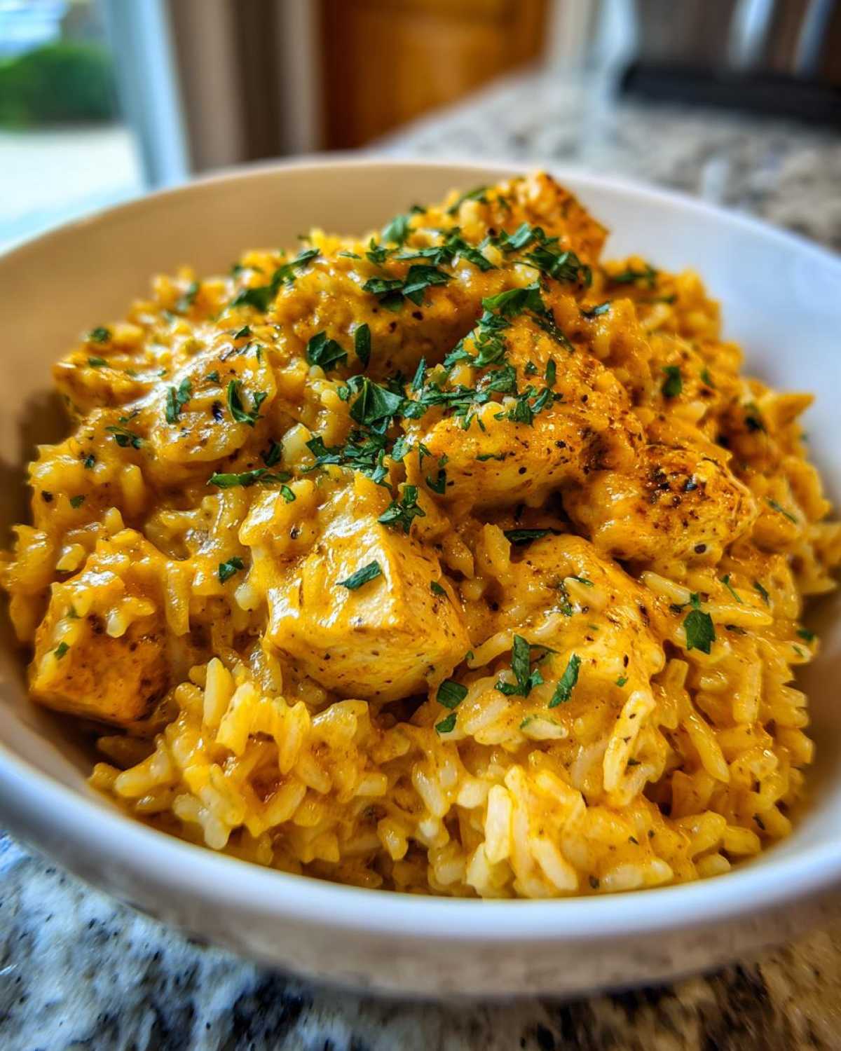 Close-up of a white bowl filled with Creamy Cajun Chicken Rice One Pot Meal, topped with fresh parsley.