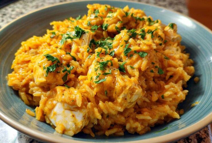 A close-up of a generous serving of Creamy Cajun Chicken Rice One Pot Meal, topped with fresh parsley, in a teal bowl.