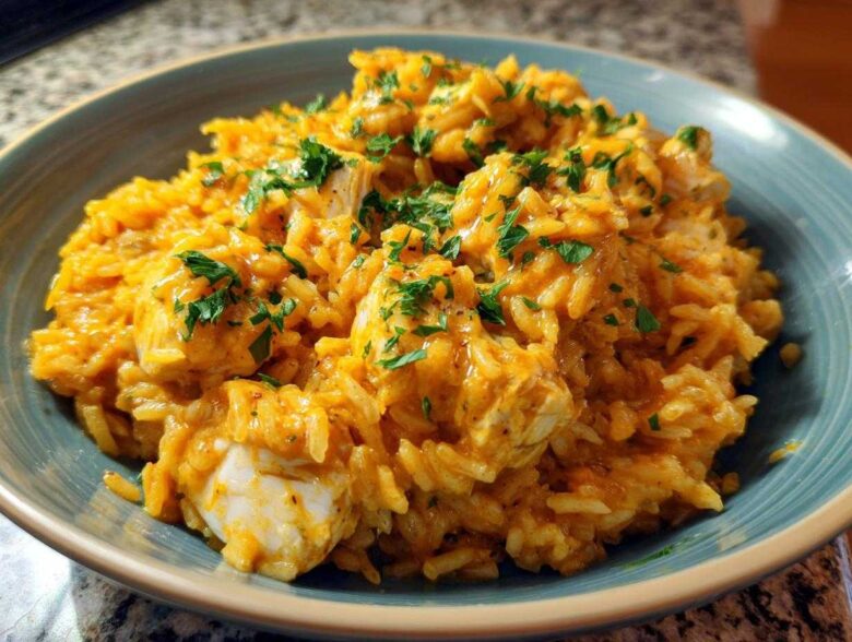 A close-up of a generous serving of Creamy Cajun Chicken Rice One Pot Meal, topped with fresh parsley, in a teal bowl.
