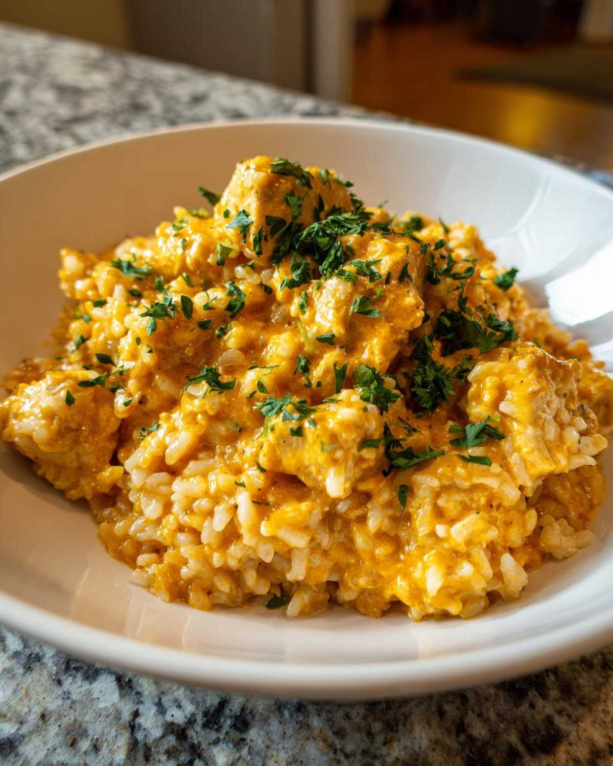 A close-up of a bowl filled with the rich, orange-hued Creamy Cajun Chicken Rice One Pot Meal, topped with fresh parsley.