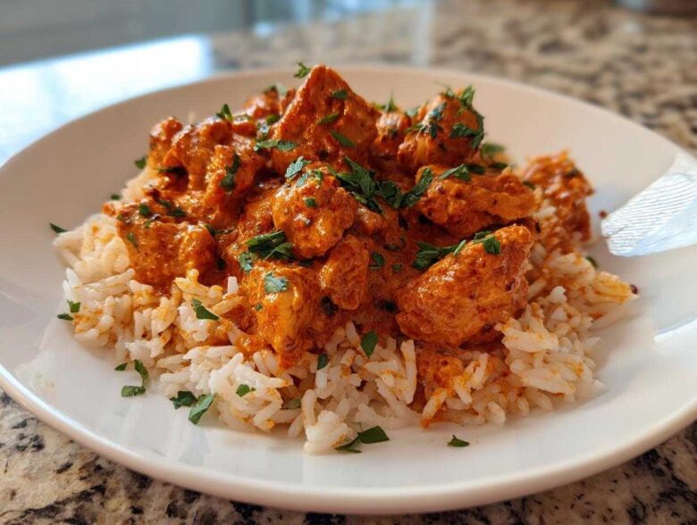 A close-up of Creamy Cajun Chicken Skillet with Rice served on a white plate, garnished with fresh parsley.