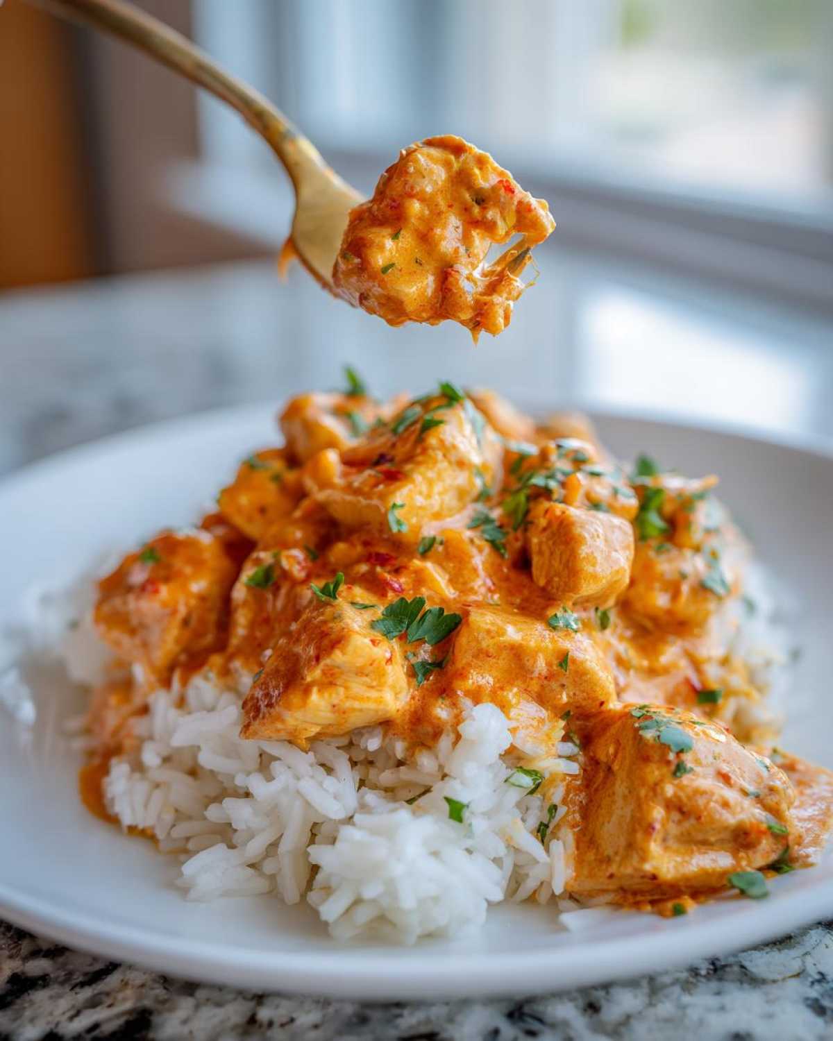 A fork lifts a piece of creamy Cajun chicken skillet over a bed of white rice garnished with parsley.