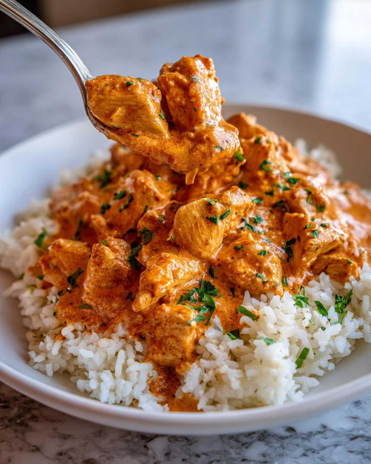 A spoonful of creamy Cajun chicken is lifted above a bowl of white rice, showcasing the rich sauce.