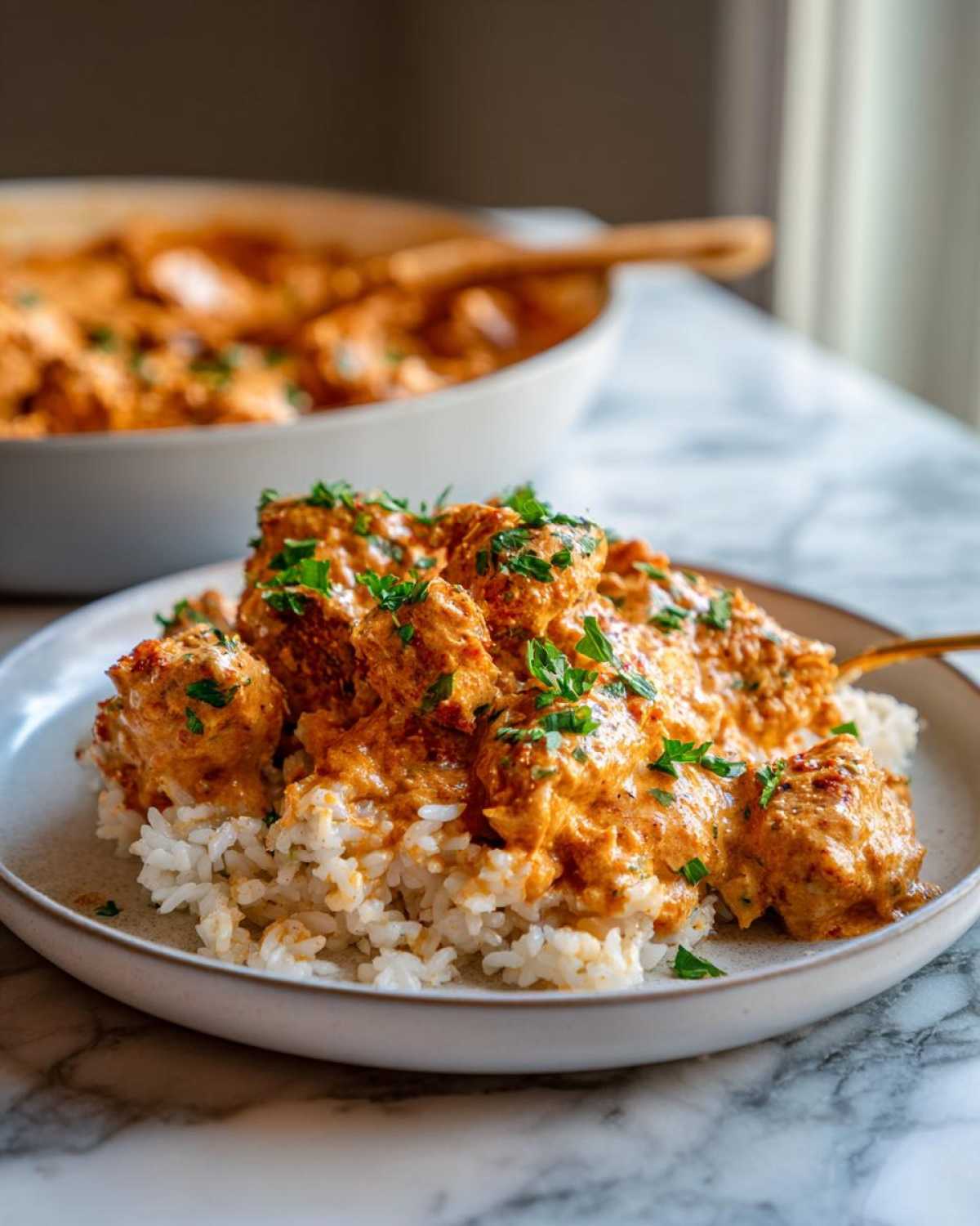 A serving of Creamy Cajun Chicken Skillet with Rice, topped with fresh parsley, on a marble surface.