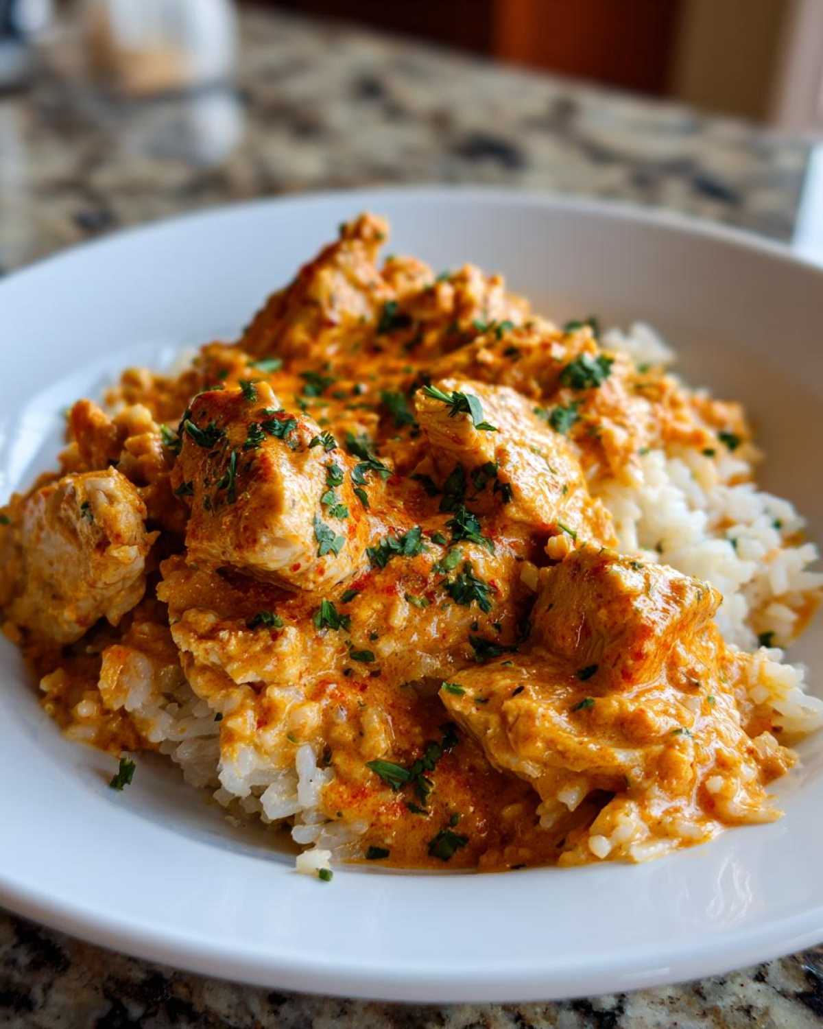 Close-up of a white bowl filled with Creamy Cajun Chicken Skillet with Rice, topped with fresh parsley.