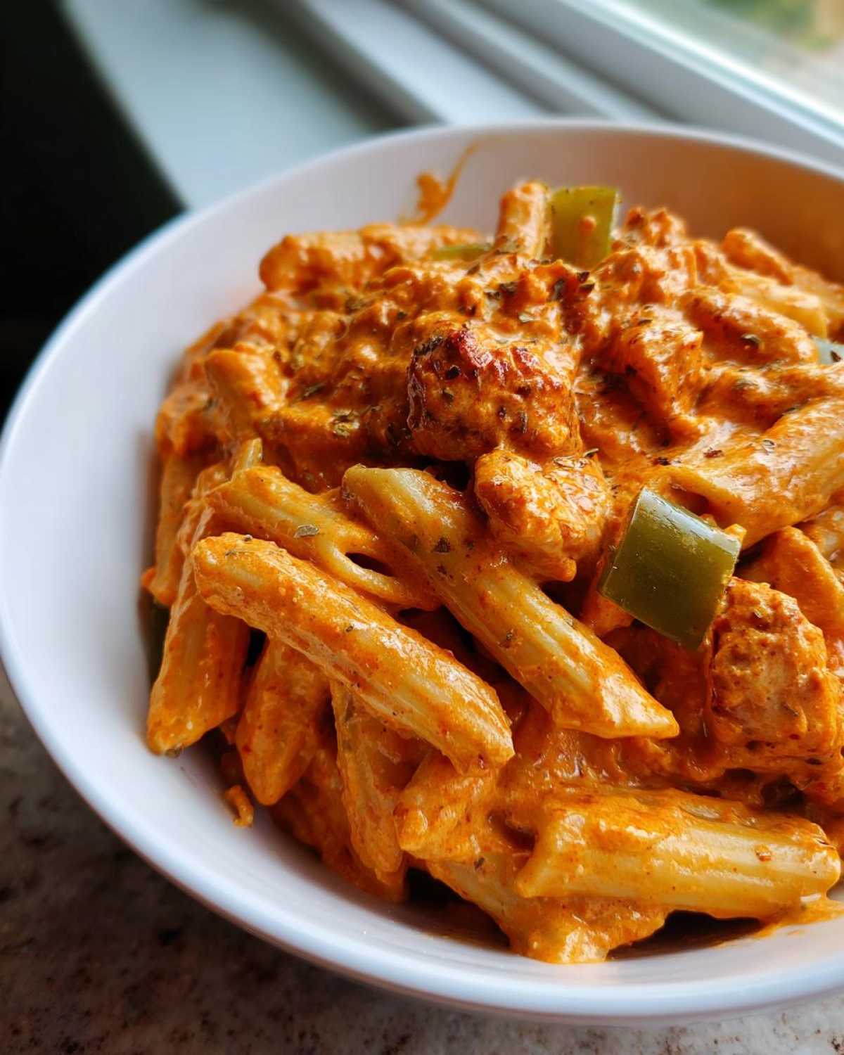Close-up of a white bowl filled with Creamy Cajun Pasta with Chicken and Spice, featuring penne pasta and green peppers.