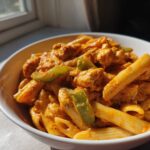 Close-up of a white bowl filled with Creamy Cajun Pasta with Chicken and Spice, featuring penne, chicken pieces, and green bell peppers in a rich orange sauce.
