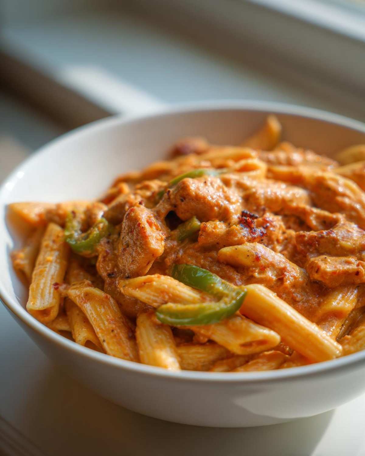 Close-up of a white bowl filled with Creamy Cajun Pasta with Chicken and Spice, featuring penne pasta, chicken pieces, and green bell pepper slices.