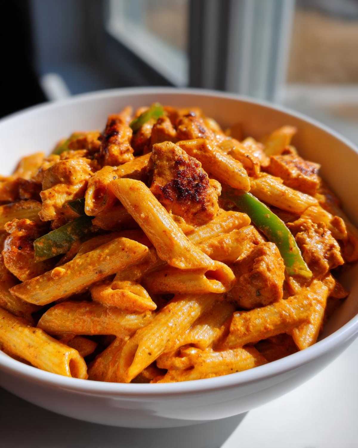 A close-up of a white bowl filled with Creamy Cajun Pasta with Chicken and Spice, featuring penne pasta, seasoned chicken chunks, and green peppers.