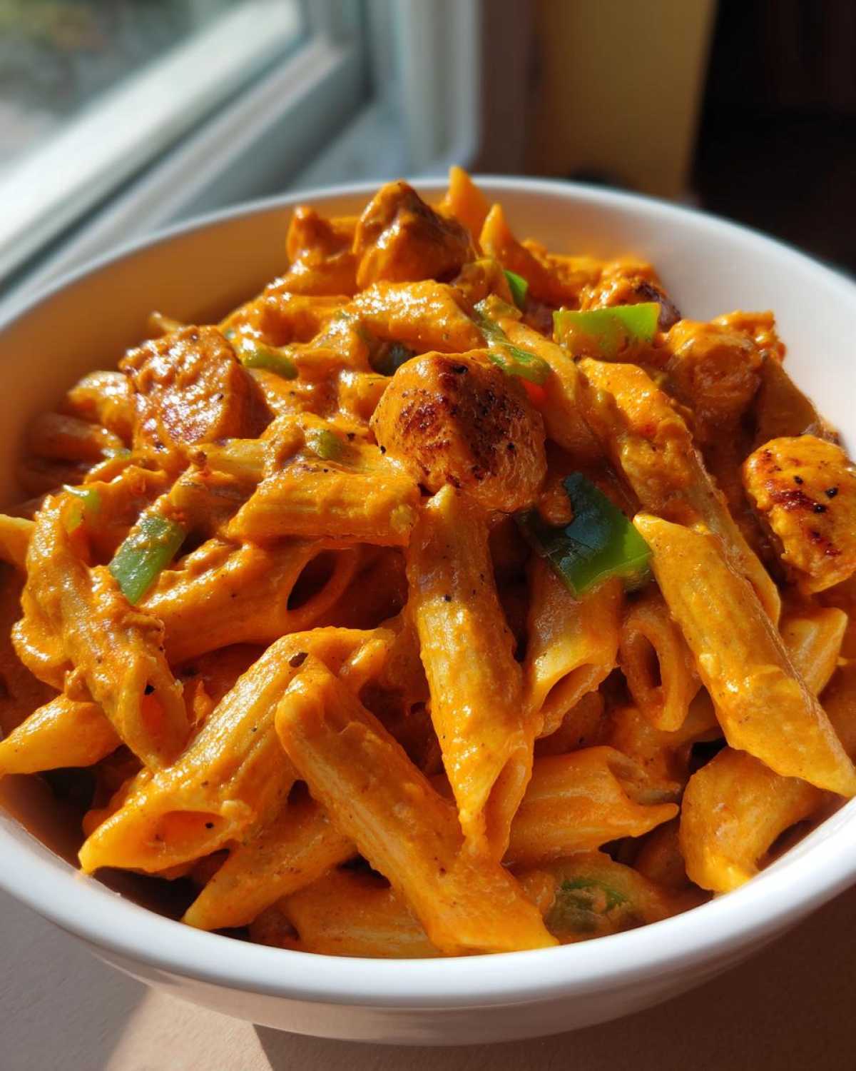 A close-up of a white bowl filled with Creamy Cajun Pasta with Chicken and Spice, featuring penne pasta coated in orange sauce and chunks of seasoned chicken.