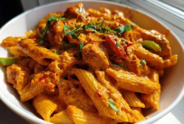 Close-up of a white bowl filled with rich, orange-hued Creamy Cajun Pasta with Chicken and Spice, garnished with fresh herbs.