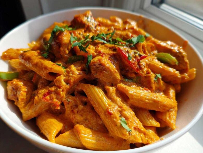 Close-up of a white bowl filled with rich, orange-hued Creamy Cajun Pasta with Chicken and Spice, garnished with fresh herbs.