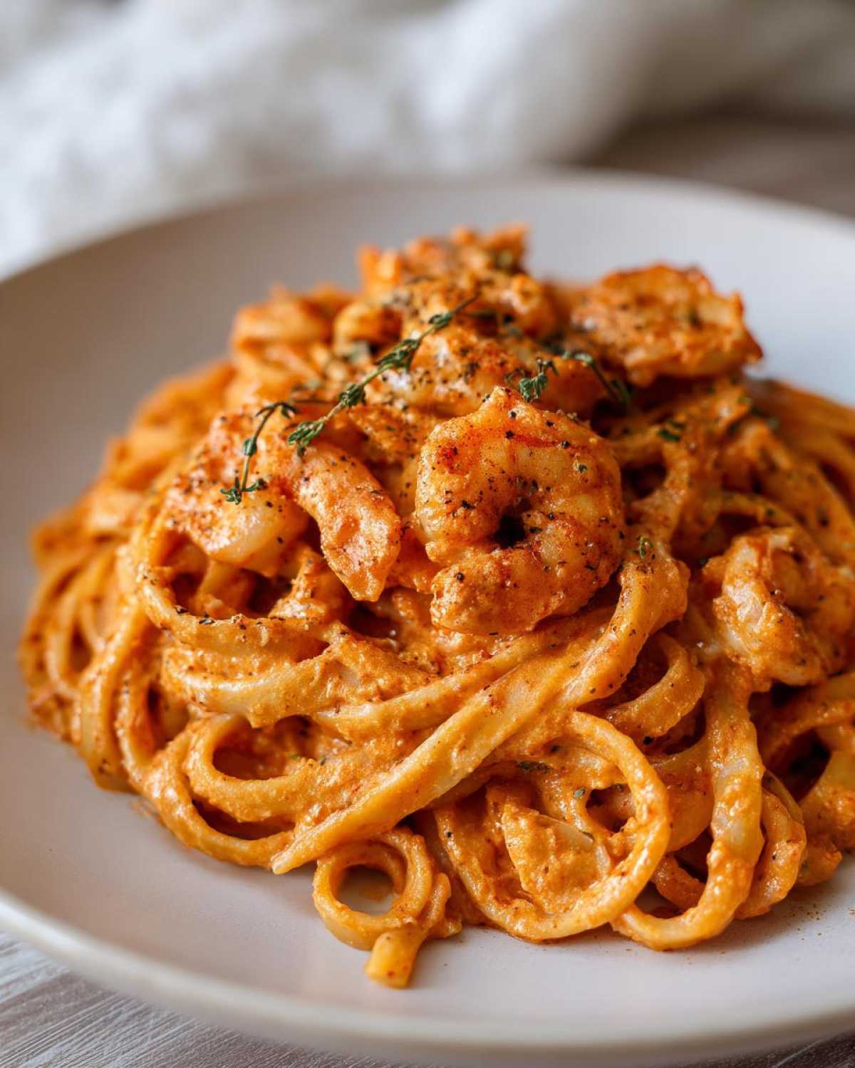 A close-up view of a plate piled high with Creamy Cajun Shrimp Pasta coated in a rich, orange-red sauce and topped with seasoned shrimp.