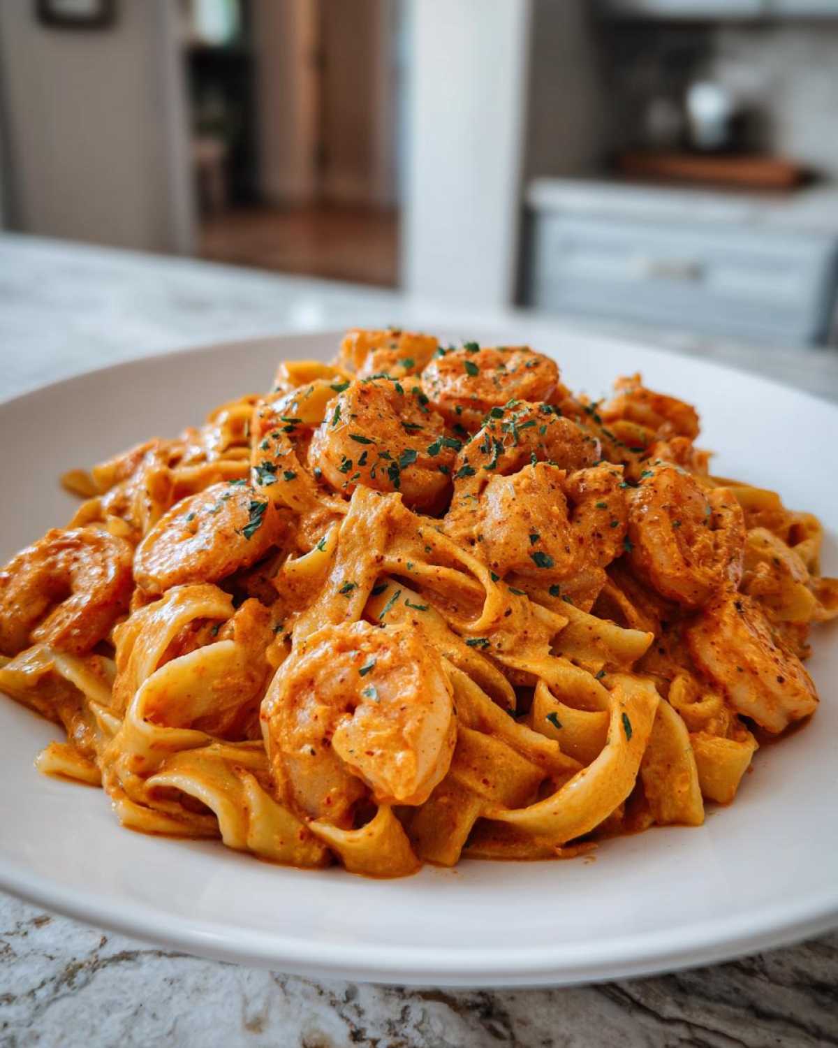 A close-up of a white plate piled high with Creamy Cajun Shrimp Pasta, featuring wide noodles coated in a bold orange sauce and topped with seasoned shrimp.