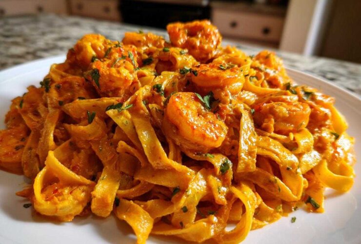 A close-up of rich, orange-hued Creamy Cajun Shrimp Pasta served on a white plate, garnished with parsley.