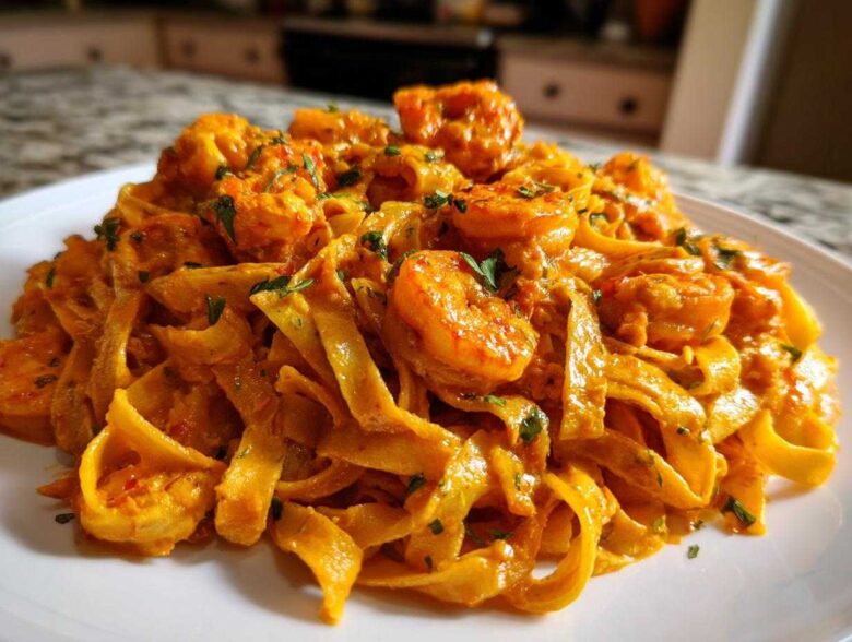 A close-up of rich, orange-hued Creamy Cajun Shrimp Pasta served on a white plate, garnished with parsley.