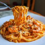 A fork lifting fettuccine noodles coated in a rich, orange Creamy Cajun Shrimp Pasta sauce with visible shrimp.