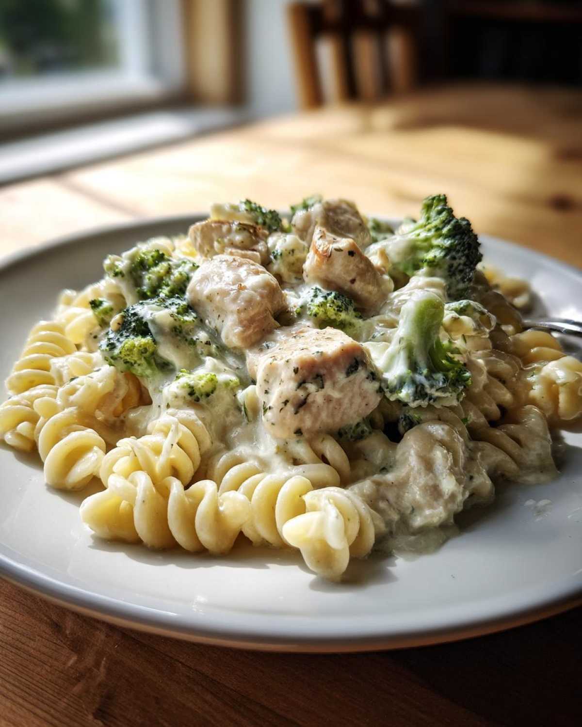 A close-up of Creamy Chicken and Broccoli Pasta Dinner featuring rotini pasta, chunks of seasoned chicken, and bright green broccoli florets in a rich white sauce.