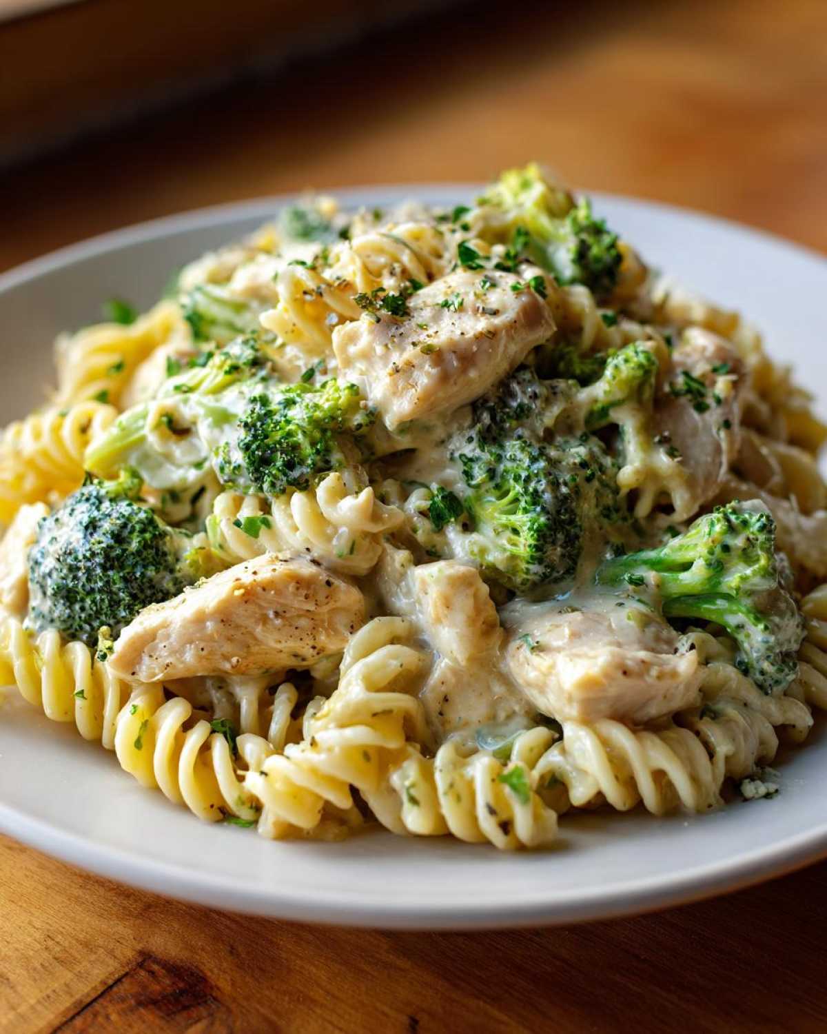 A close-up serving of Creamy Chicken and Broccoli Pasta Dinner featuring rotini pasta, chunks of chicken, and bright green broccoli florets in a rich sauce.