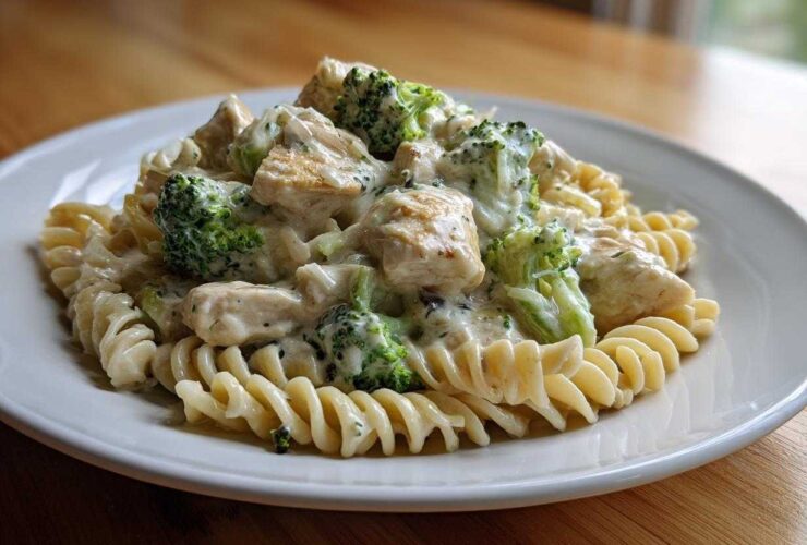 A close-up of a serving of Creamy Chicken and Broccoli Pasta Dinner featuring fusilli pasta, chunks of chicken, and bright green broccoli florets in a rich white sauce.