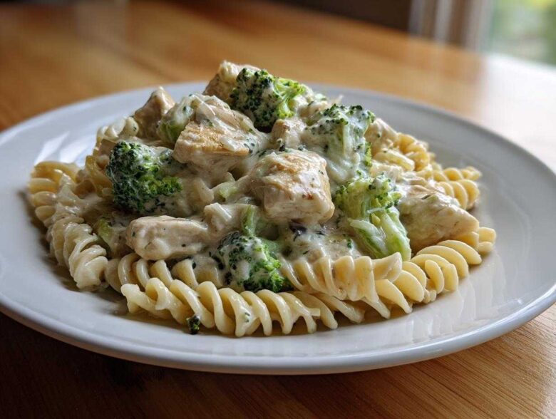 A close-up of a serving of Creamy Chicken and Broccoli Pasta Dinner featuring fusilli pasta, chunks of chicken, and bright green broccoli florets in a rich white sauce.