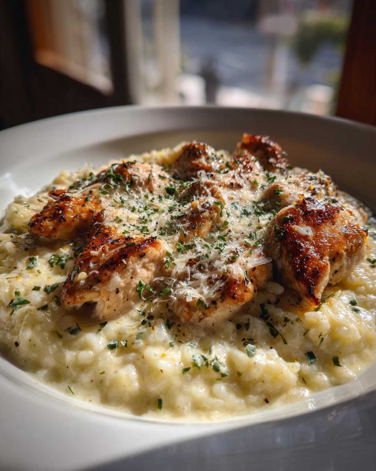 Close-up of a bowl of Creamy Chicken and Rice Skillet Comfort Meal topped with seared chicken pieces and grated Parmesan.