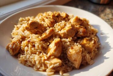 A close-up of a white plate filled with creamy chicken and rice skillet comfort meal, featuring tender chicken pieces coated in sauce.