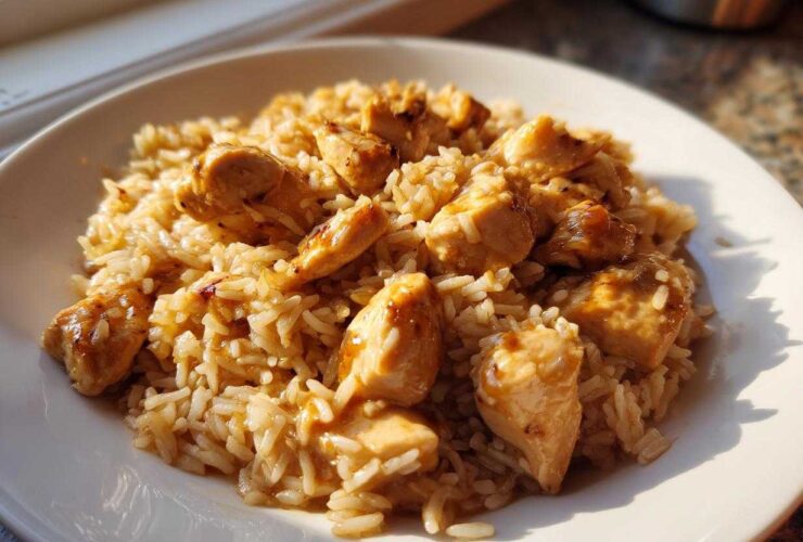 A close-up of a white plate filled with creamy chicken and rice skillet comfort meal, featuring tender chicken pieces coated in sauce.