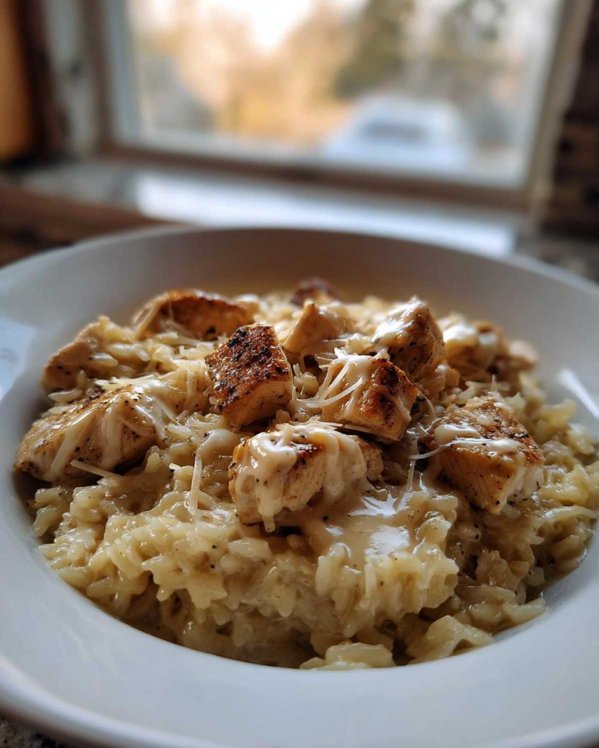 Close-up of a white bowl filled with Creamy Chicken and Rice Skillet Comfort Meal, topped with seared chicken pieces and shredded cheese.