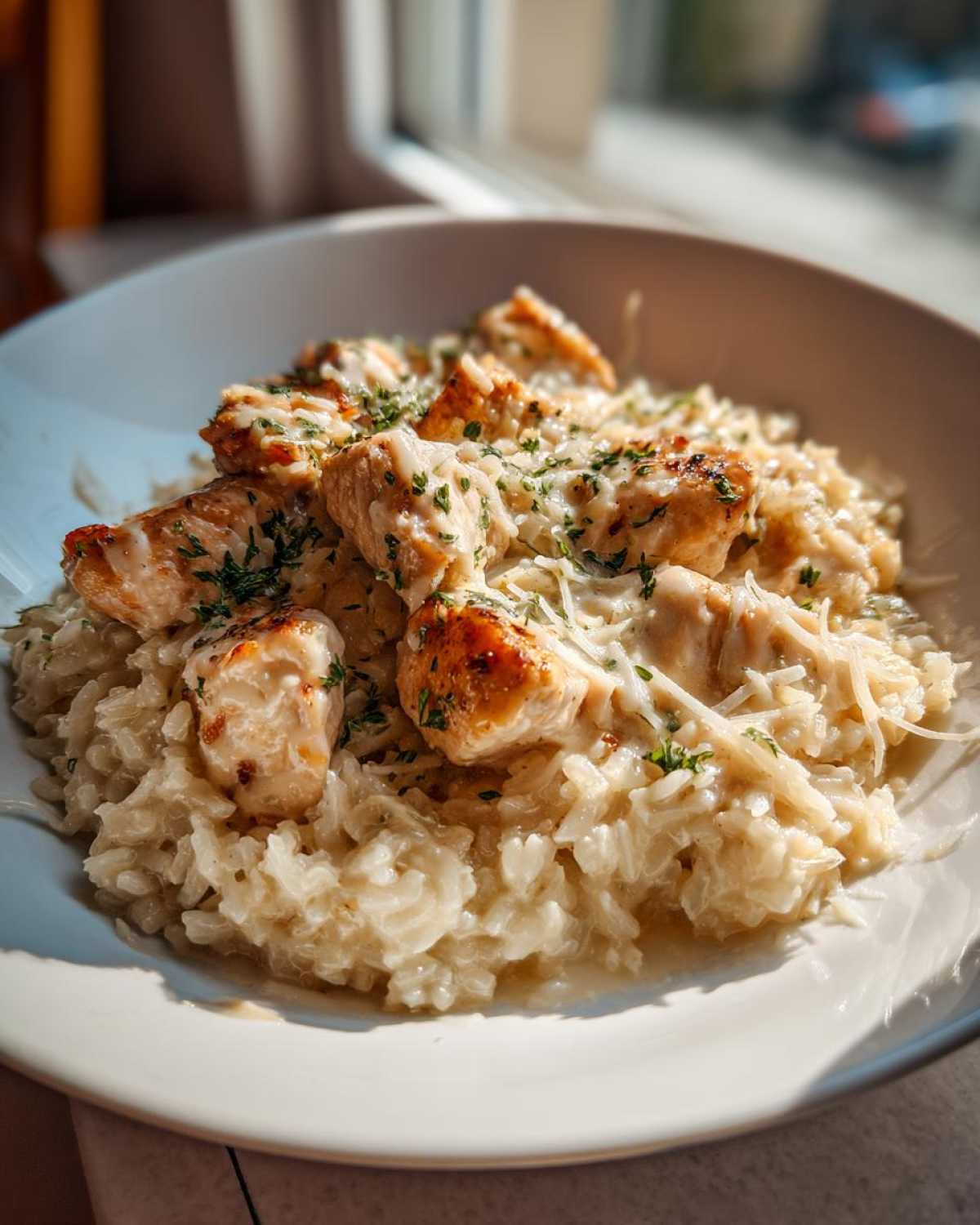 A white bowl filled with creamy chicken and rice skillet comfort meal, topped with seared chicken pieces and shredded cheese.