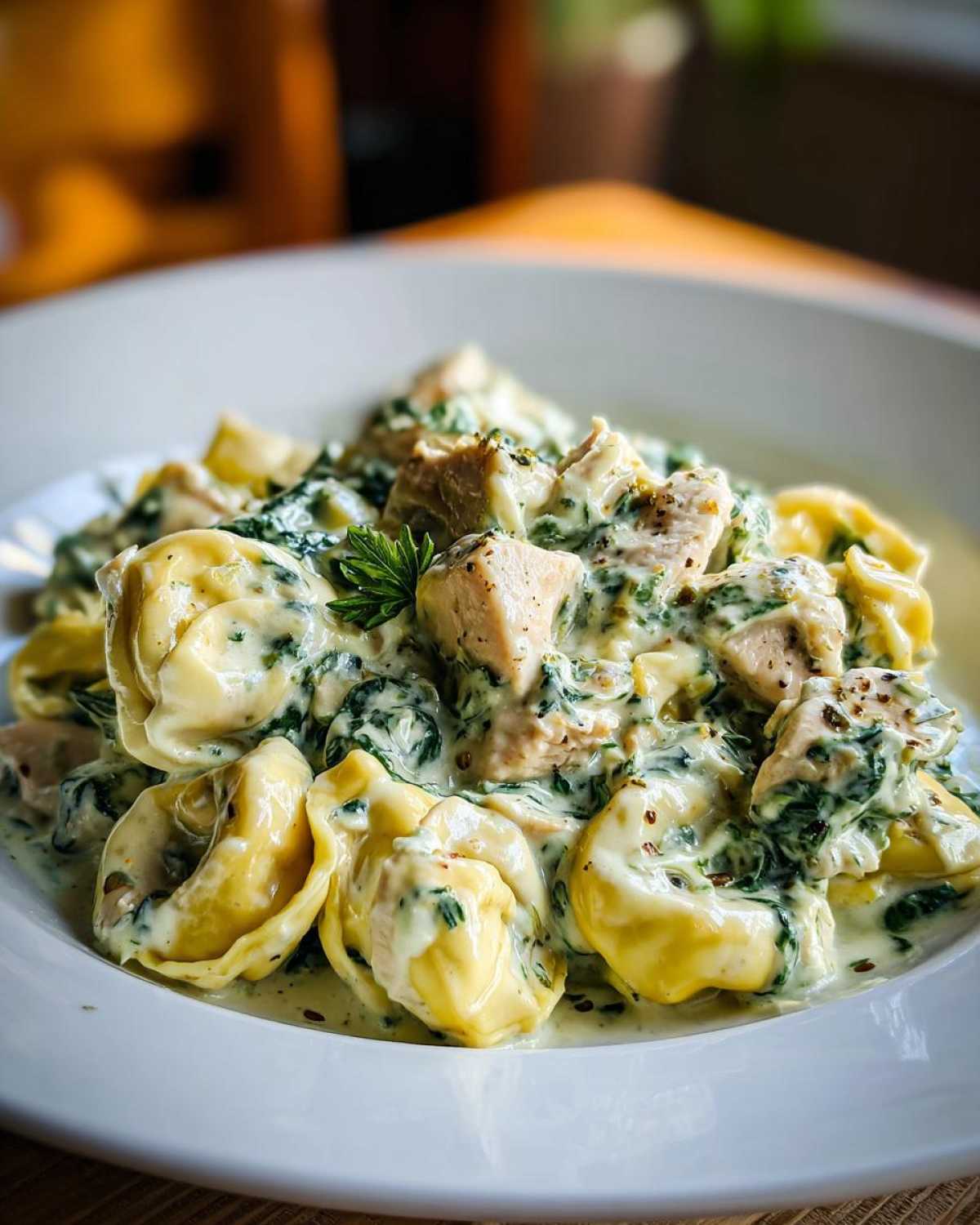 Close-up of a white bowl filled with Creamy Chicken Tortellini with Spinach Sauce, garnished with parsley.