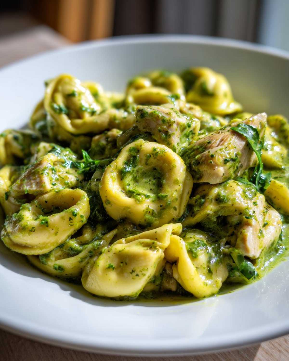 A close-up, bright photo of tortellini pasta mixed with chunks of chicken and coated in a vibrant green Creamy Chicken Tortellini with Spinach Sauce.