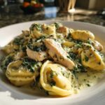 Close-up of a white plate filled with Creamy Chicken Tortellini with Spinach Sauce, featuring pasta, sliced chicken, and green sauce.