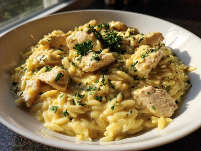 A close-up of Creamy Garlic Parmesan Orzo with Chicken, topped with fresh parsley, served in a white bowl.