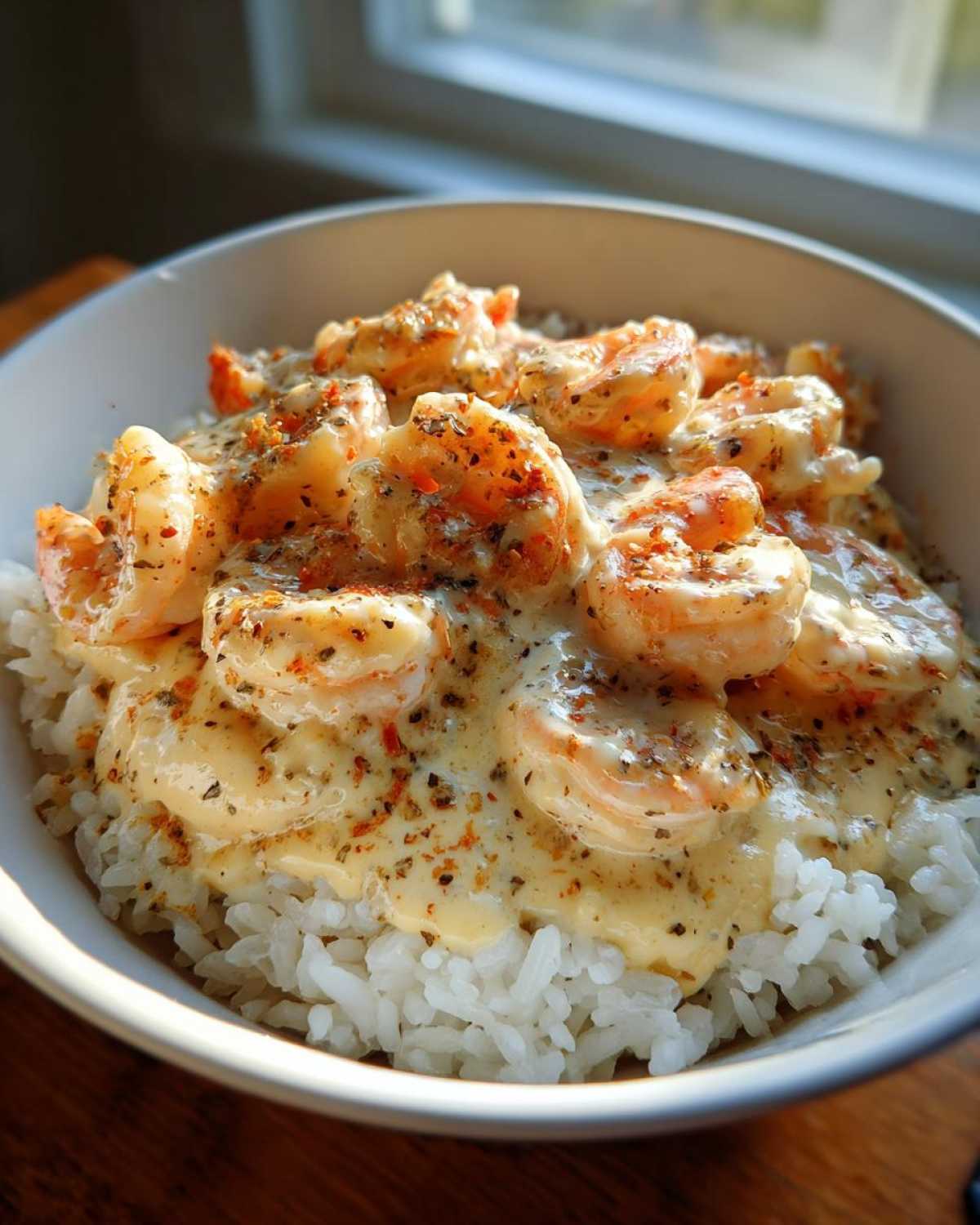 A close-up of a white bowl filled with white rice topped generously with Creamy Garlic Shrimp with Rice Bowl sauce and spices.
