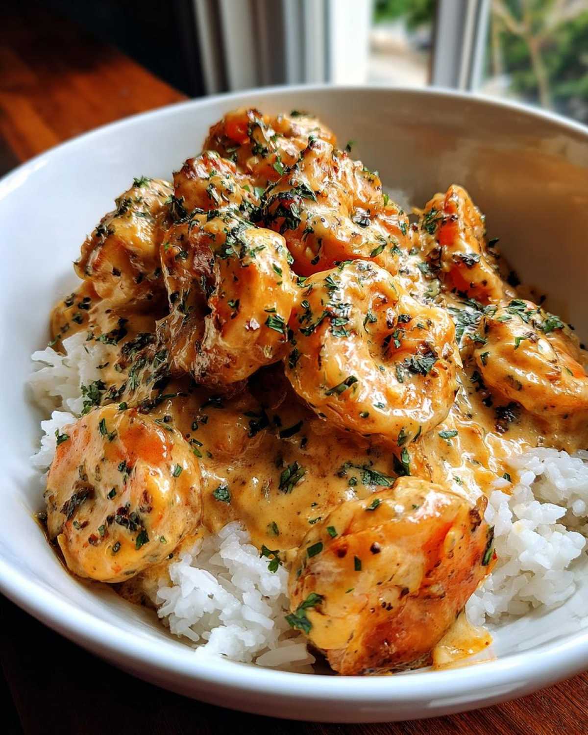 A close-up of a white bowl filled with white rice topped generously with Creamy Garlic Shrimp with Rice Bowl sauce and fresh parsley.