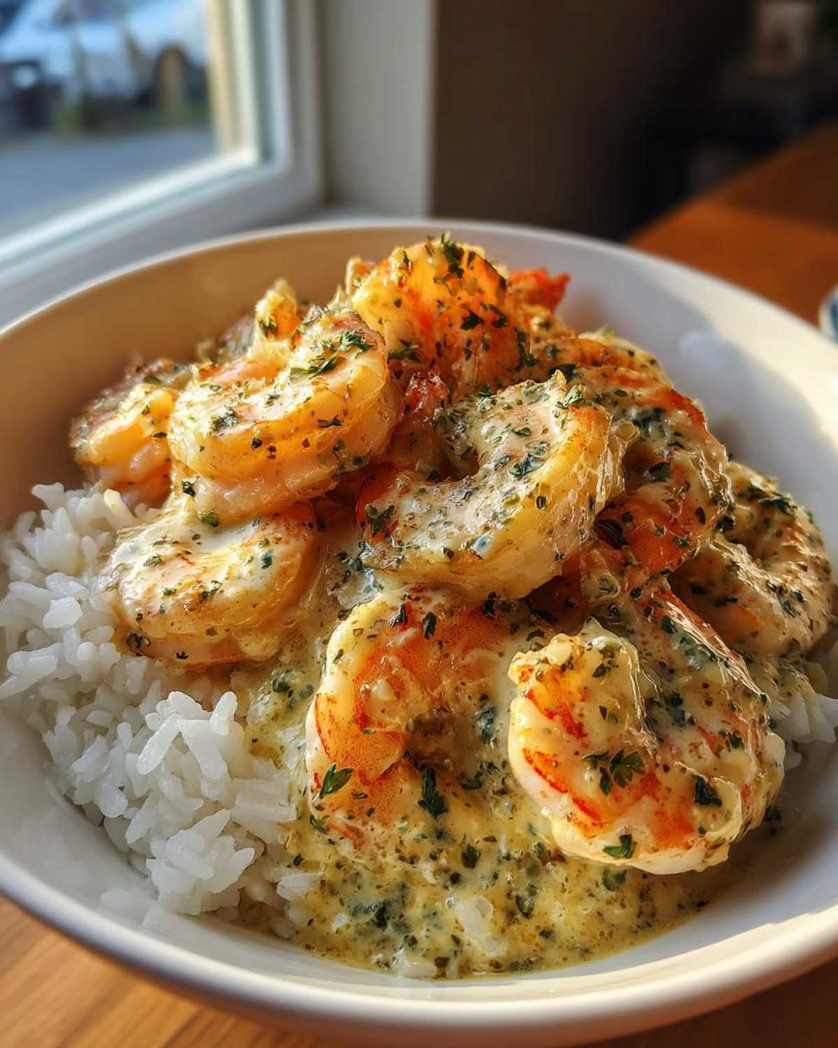 Close-up of a Creamy Garlic Shrimp with Rice Bowl, featuring shrimp in rich garlic sauce over white rice.
