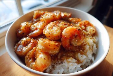 Close-up of a white bowl filled with white rice topped generously with succulent Creamy Garlic Shrimp.