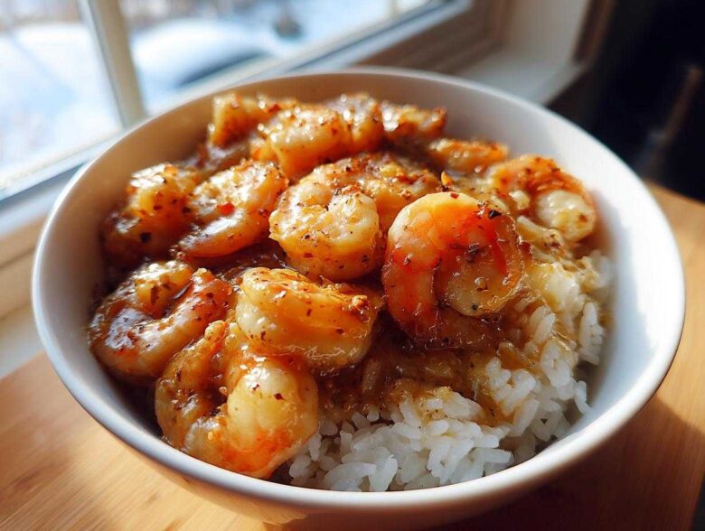 Close-up of a white bowl filled with white rice topped generously with succulent Creamy Garlic Shrimp.
