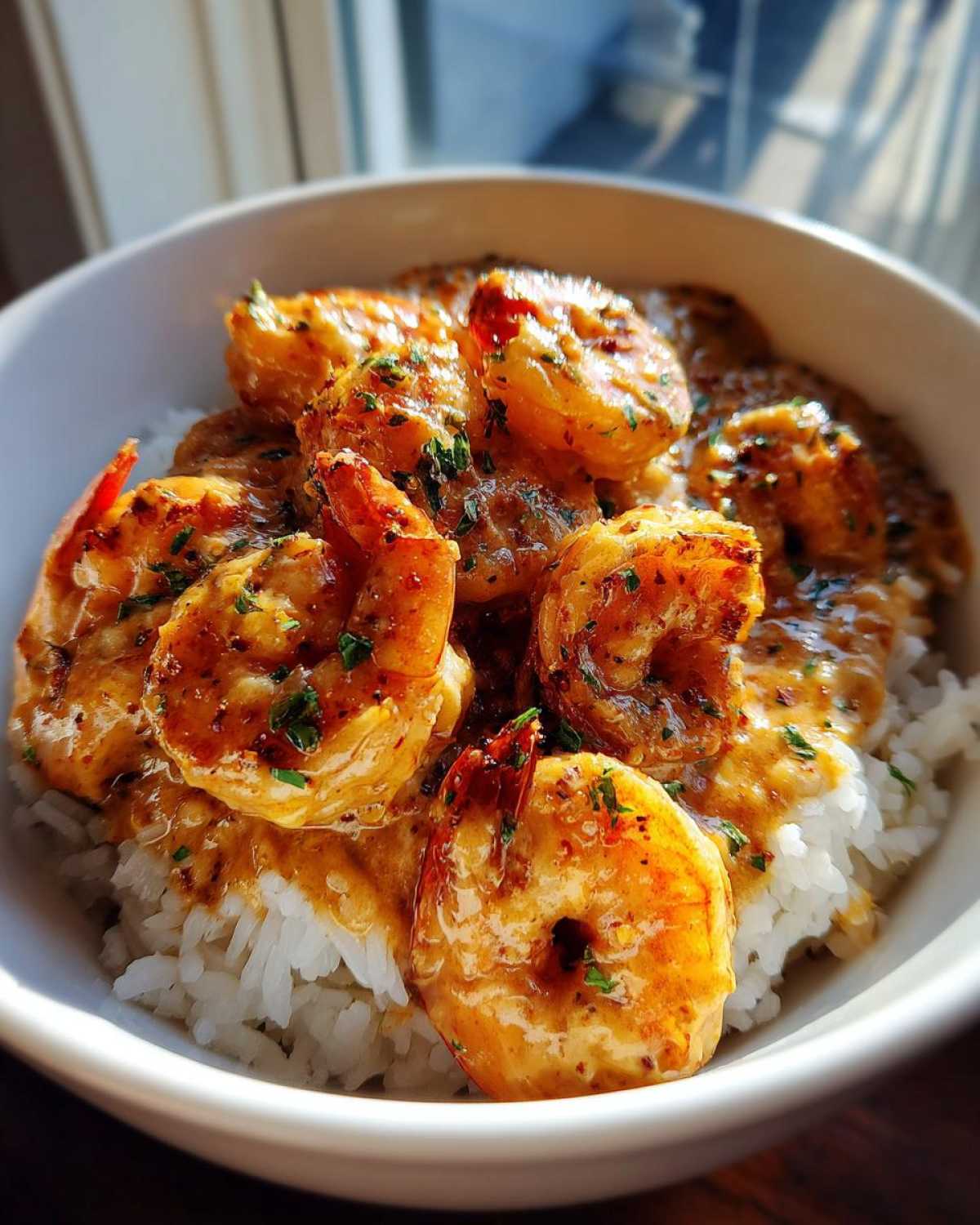 Close-up of plump, seasoned shrimp coated in a creamy garlic sauce served over white rice in a white bowl, part of the Creamy Garlic Shrimp with Rice Bowl.