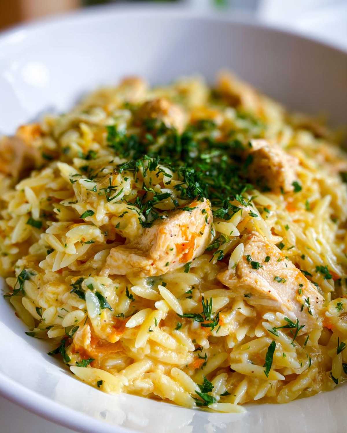 A close-up, bright photo of Creamy Lemon Chicken Orzo topped generously with fresh chopped herbs in a white bowl.