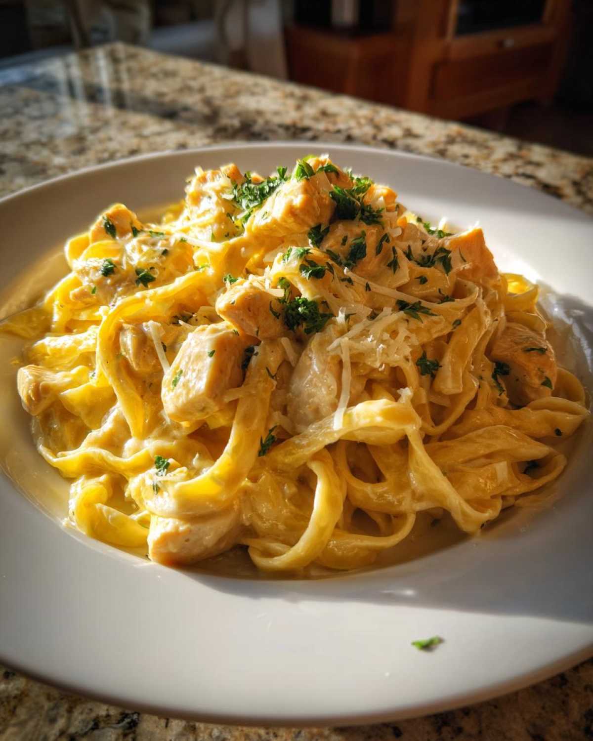 A close-up of Creamy Lemon Chicken Pasta with Parmesan, featuring fettuccine tossed in a rich sauce, topped with chicken pieces, grated cheese, and parsley.