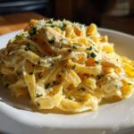 A close-up of rich Creamy Lemon Chicken Pasta with Parmesan, topped with fresh parsley and grated cheese.