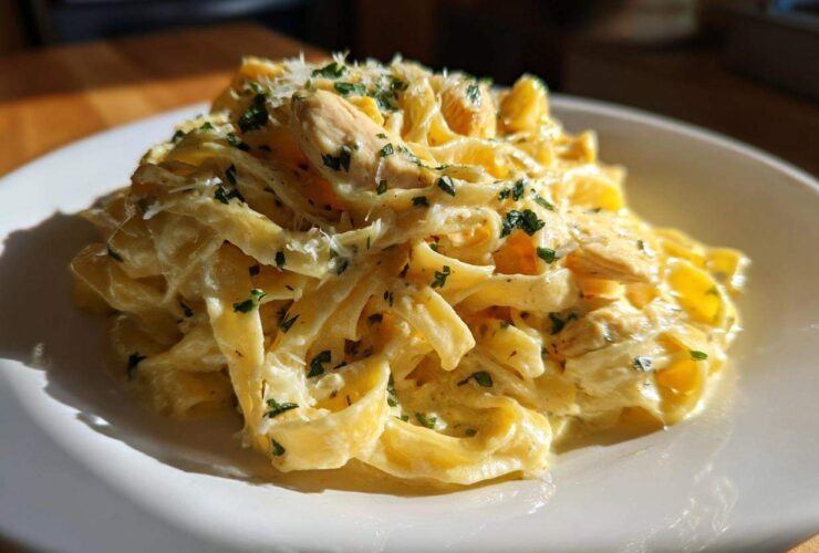 A close-up of rich Creamy Lemon Chicken Pasta with Parmesan, topped with fresh parsley and grated cheese.
