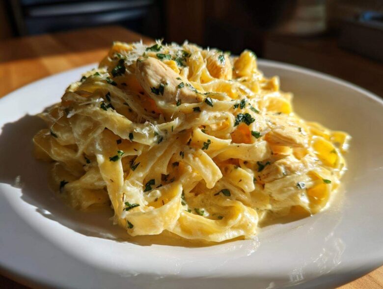 A close-up of rich Creamy Lemon Chicken Pasta with Parmesan, topped with fresh parsley and grated cheese.